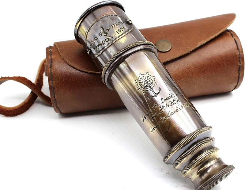 OCEAN REPLICAS 1920 Brass Maritime Vintage Telescope – Handheld Pirate Spyglass with Authentic Pure Leather Case – Nautical Monocular for Collectors, Hiking, Gift Décor – 15” Expandable - Image 1